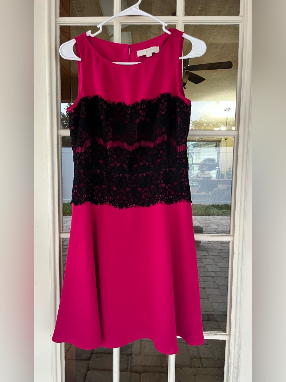 LOFT Magenta Pink Sleeveless Dress with Black Lace Bodice
